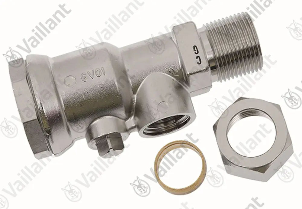 Vaillant Wartungshahn aus Metall mit einem Anschluss für Rohrleitungen und einer Dichtung. Enthält eine Mutter und eine Dichtung für die Installation.